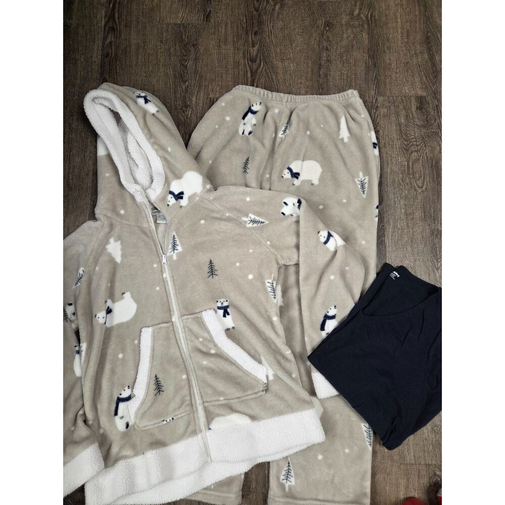 Frankie + Johnny Beige Fleece Pajamas Lounge Set Size XL Jacket Hoodie Pants